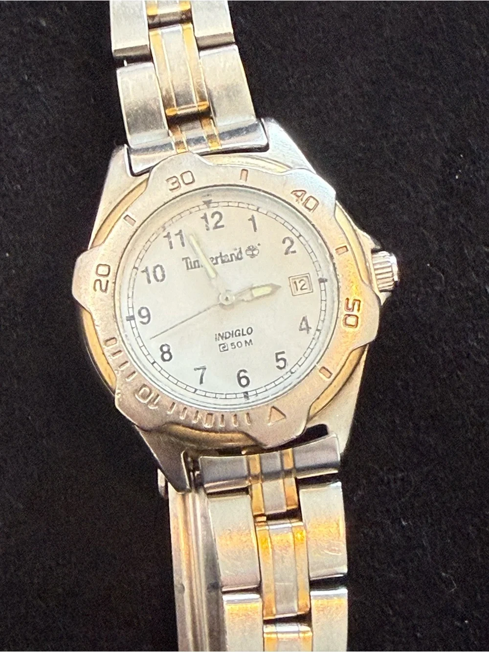 TIMBERLAND Men’s INDIGLO Date WR 50m Silver Tone Link Band New Battery Working